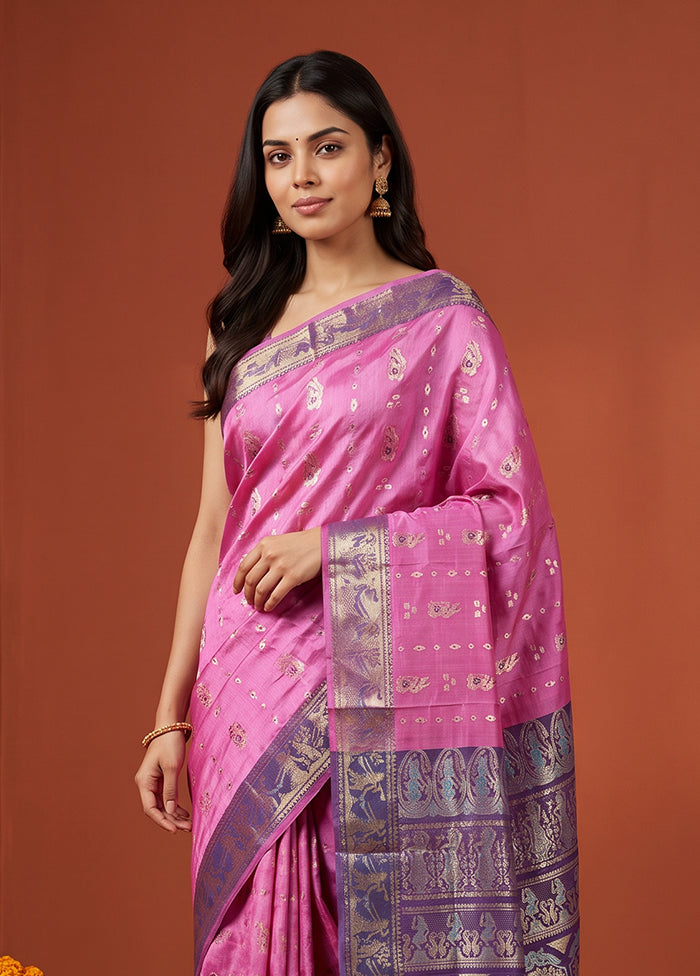 Pink Handloom Baluchari Pure Silk Saree With Blouse Piece