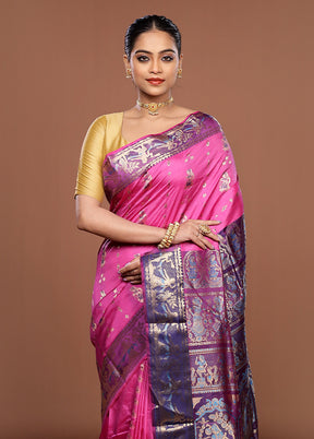 Pink Handloom Baluchari Pure Silk Saree With Blouse Piece