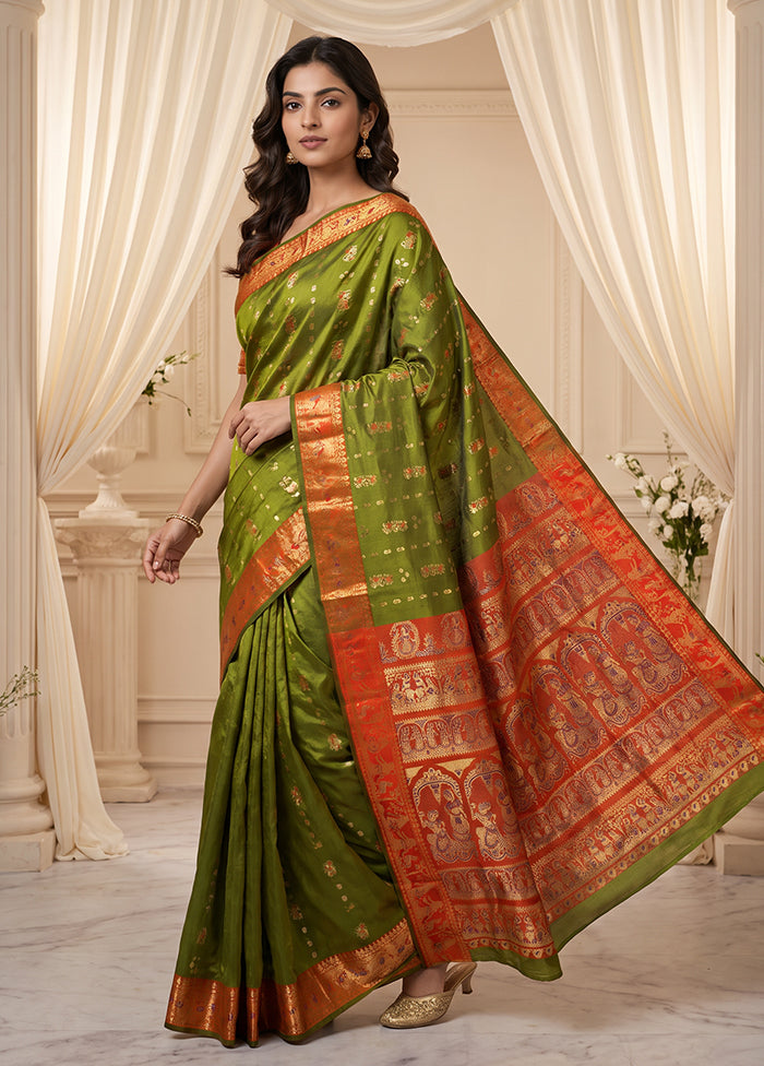 Green Handloom Baluchari Pure Silk Saree With Blouse Piece