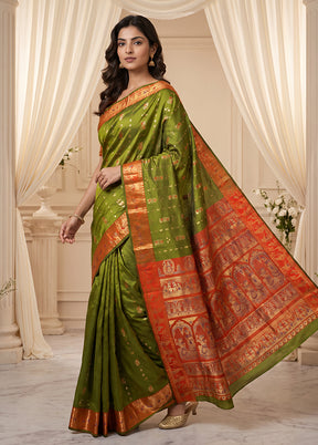 Green Handloom Baluchari Pure Silk Saree With Blouse Piece