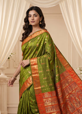 Green Handloom Baluchari Pure Silk Saree With Blouse Piece