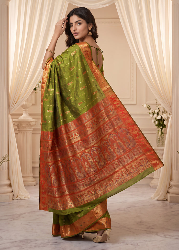 Green Handloom Baluchari Pure Silk Saree With Blouse Piece