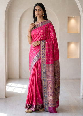 Pink Handloom Baluchari Pure Silk Saree With Blouse Piece