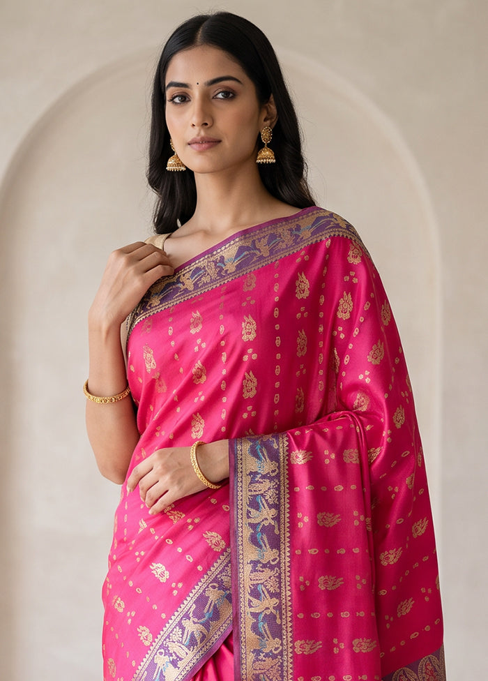 Pink Handloom Baluchari Pure Silk Saree With Blouse Piece