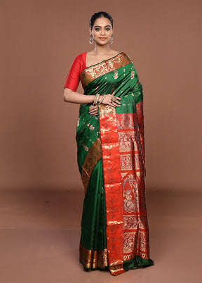 Green Handloom Baluchari Pure Silk Saree With Blouse Piece
