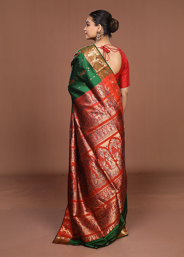 Green Handloom Baluchari Pure Silk Saree With Blouse Piece
