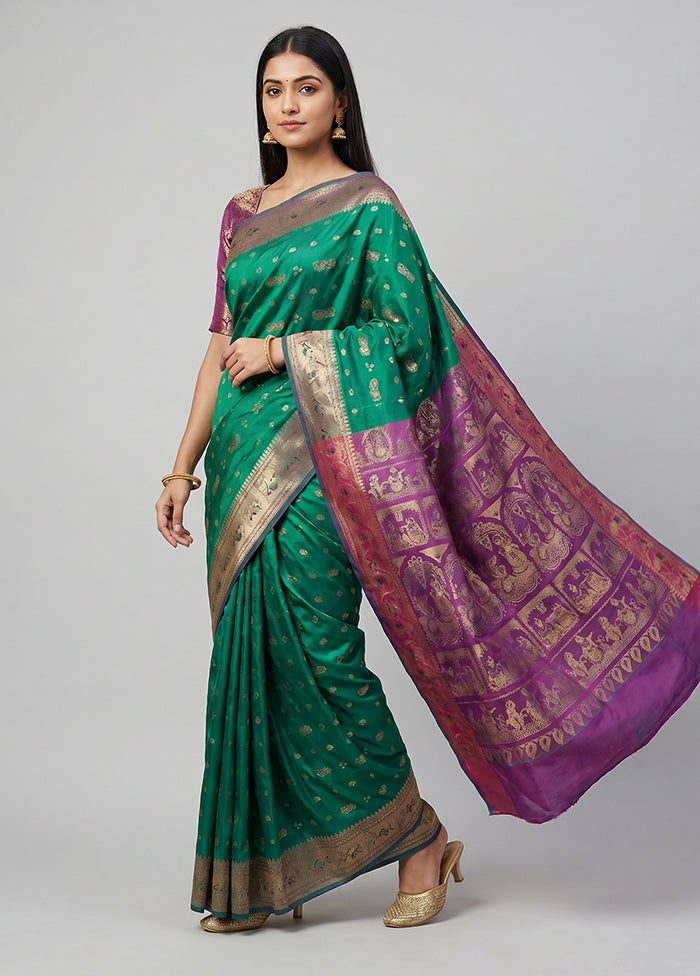 Green Handloom Baluchari Pure Silk Saree With Blouse Piece