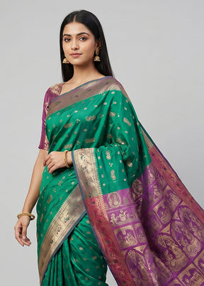 Green Handloom Baluchari Pure Silk Saree With Blouse Piece