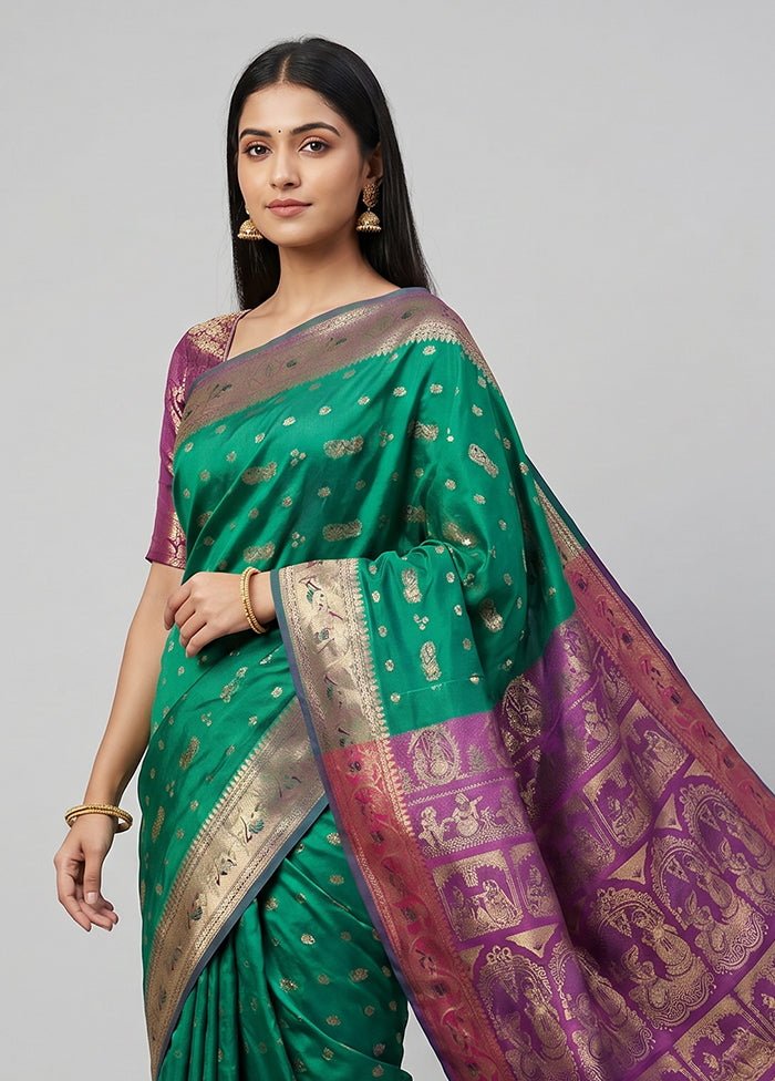Green Handloom Baluchari Pure Silk Saree With Blouse Piece