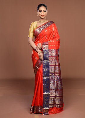 Orange Handloom Baluchari Pure Silk Saree With Blouse Piece