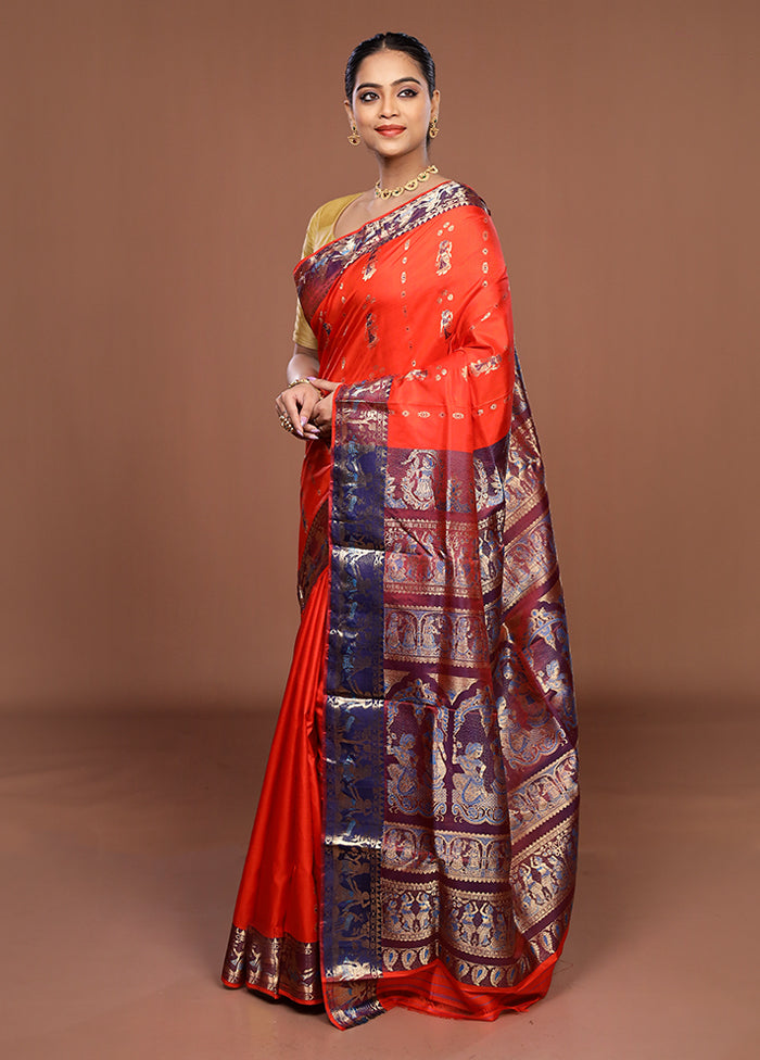 Orange Handloom Baluchari Pure Silk Saree With Blouse Piece