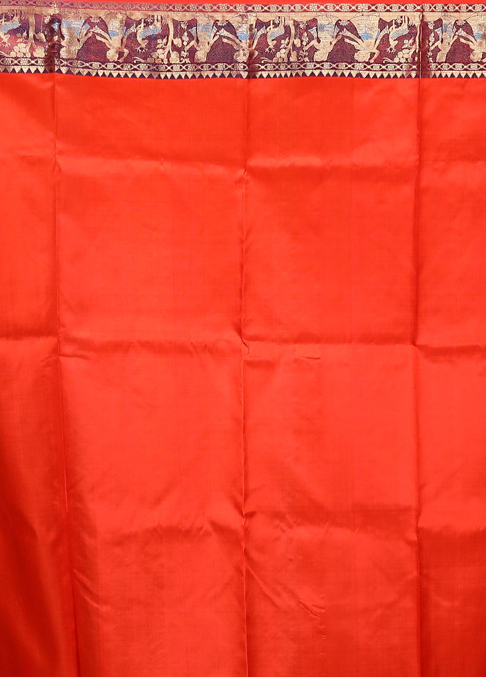 Orange Handloom Baluchari Pure Silk Saree With Blouse Piece