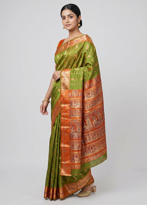 Green Handloom Baluchari Pure Silk Saree With Blouse Piece