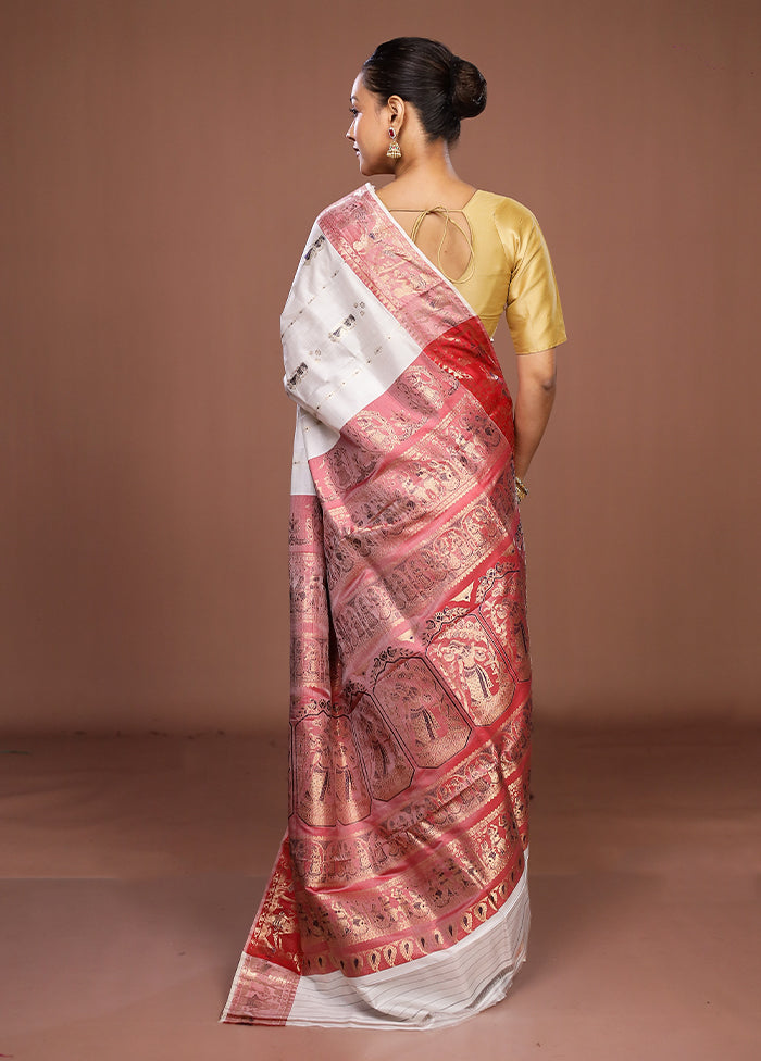 White Handloom Baluchari Pure Silk Saree With Blouse Piece