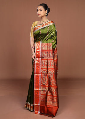Green Handloom Baluchari Pure Silk Saree With Blouse Piece