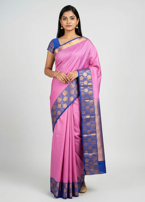 Pink Handloom Kanjivaram Pure Silk Saree With Blouse Piece