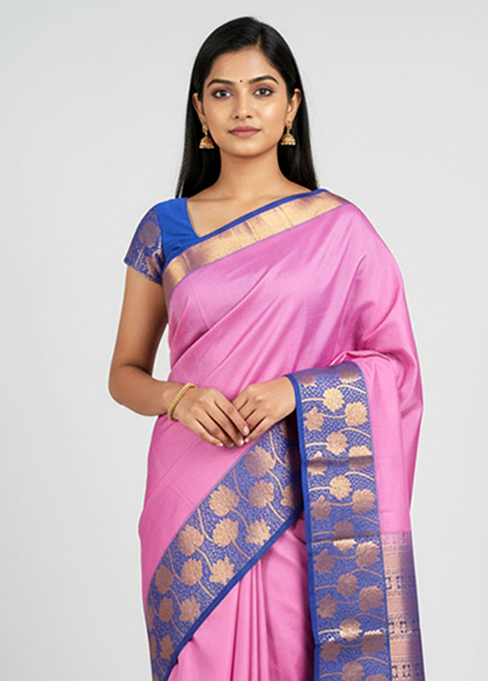 Pink Handloom Kanjivaram Pure Silk Saree With Blouse Piece