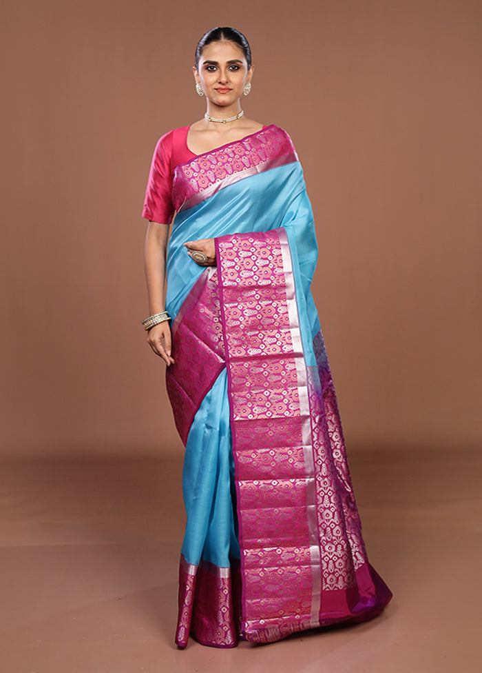 Blue Handloom Kanchipuram Pure Silk Saree With Blouse Piece