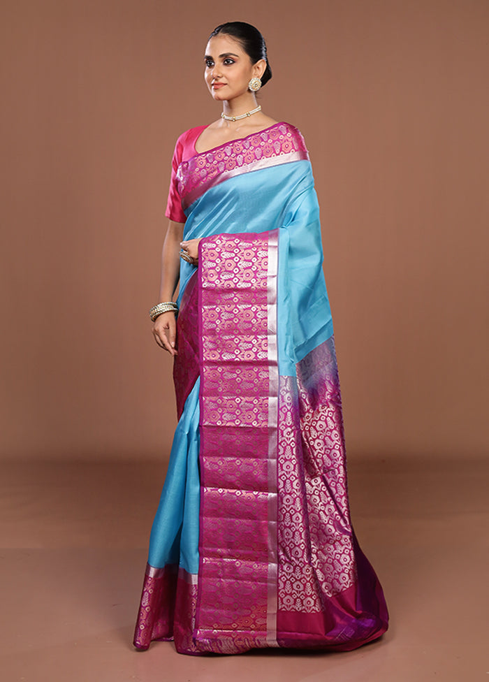 Blue Handloom Kanchipuram Pure Silk Saree With Blouse Piece