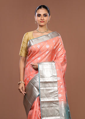 Peach Handloom Kanjivaram Pure Silk Saree With Blouse Piece