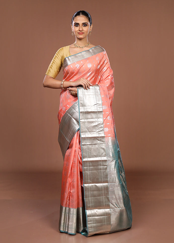 Peach Handloom Kanjivaram Pure Silk Saree With Blouse Piece