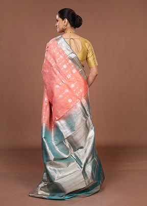 Peach Handloom Kanjivaram Pure Silk Saree With Blouse Piece