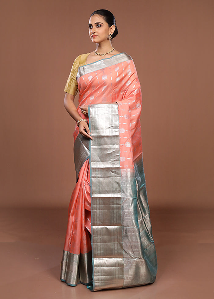 Peach Handloom Kanjivaram Pure Silk Saree With Blouse Piece