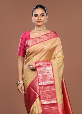 Cream Handloom Kanchipuram Pure Silk Saree With Blouse Piece