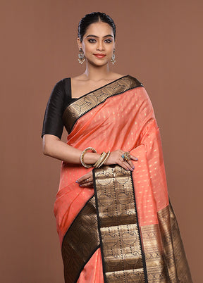 Peach Handloom Kanchipuram Pure Silk Saree With Blouse Piece