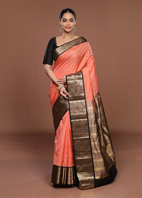 Peach Handloom Kanchipuram Pure Silk Saree With Blouse Piece