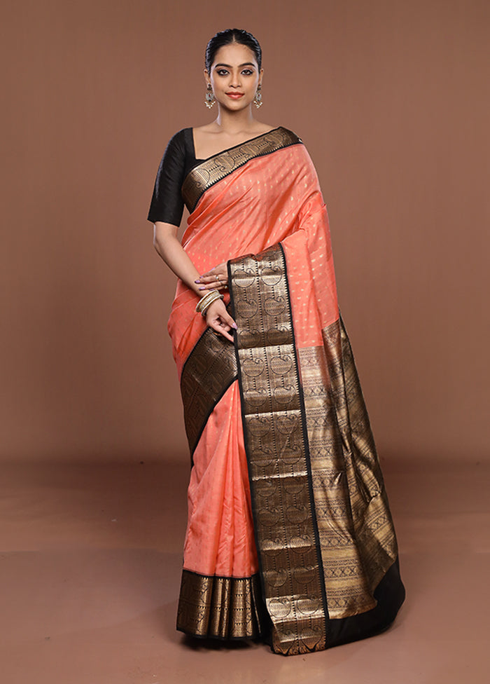 Peach Handloom Kanchipuram Pure Silk Saree With Blouse Piece