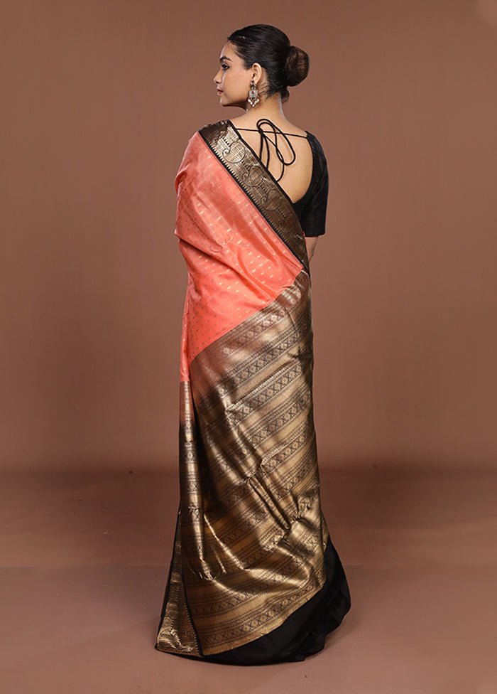 Peach Handloom Kanchipuram Pure Silk Saree With Blouse Piece