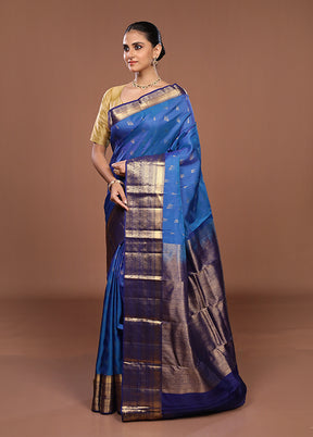 Blue Handloom Kanjivaram Pure Silk Saree With Blouse Piece