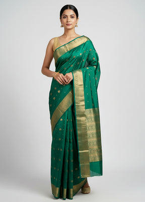 Green Handloom Kanjivaram Pure Silk Saree With Blouse Piece