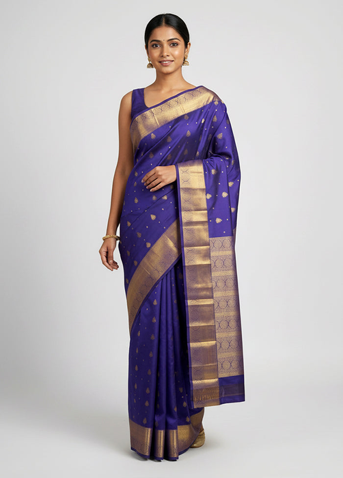 Blue Handloom Kanjivaram Pure Silk Saree With Blouse Piece