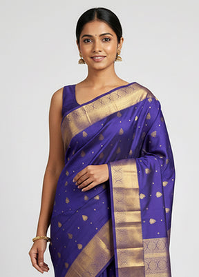 Blue Handloom Kanjivaram Pure Silk Saree With Blouse Piece