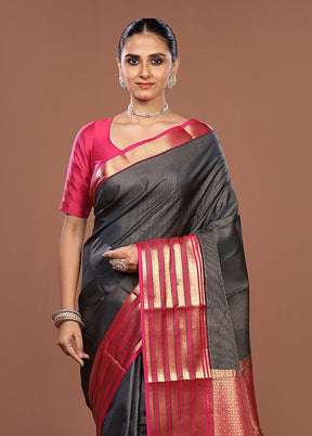 Black Handloom Kanjivaram Pure Silk Saree With Blouse Piece