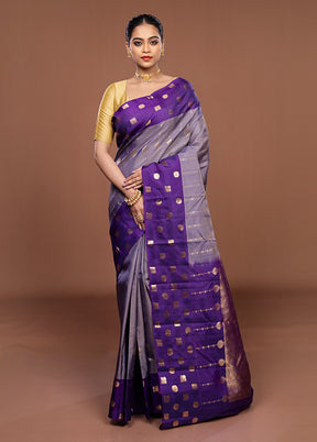 Purple Handloom Kanjivaram Pure Silk Saree With Blouse Piece