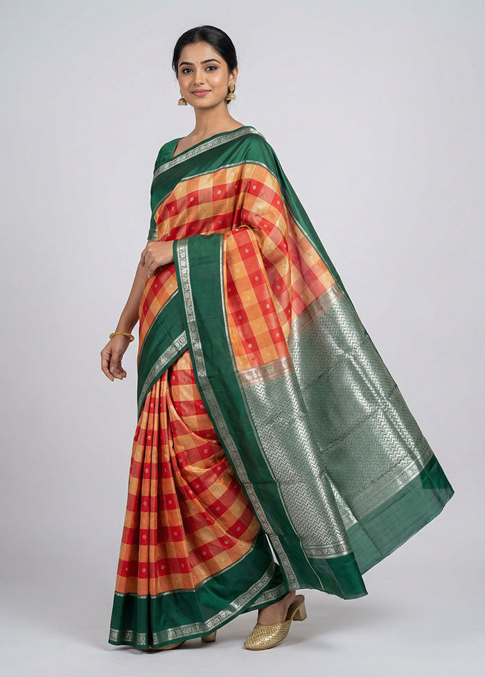 Multicolor Handloom Kanchipuram Pure Silk Saree With Blouse Piece