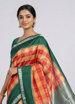 Multicolor Handloom Kanchipuram Pure Silk Saree With Blouse Piece