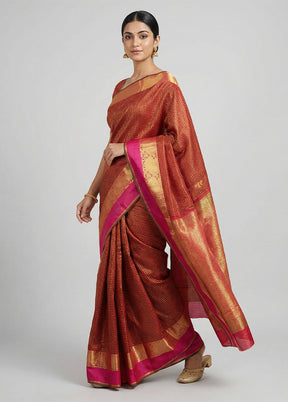 Maroon Handloom Kanjivaram Pure Silk Saree With Blouse Piece