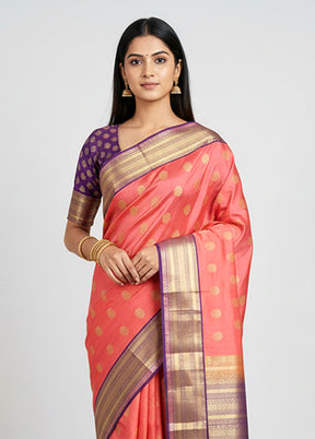 Pink Handloom Kanchipuram Pure Silk Saree With Blouse Piece
