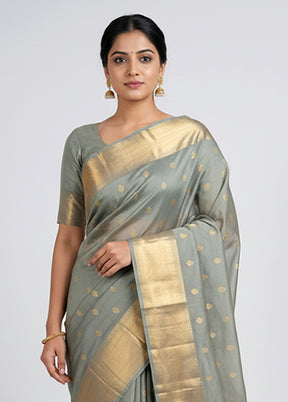 Grey Handloom Kanjivaram Pure Silk Saree With Blouse Piece