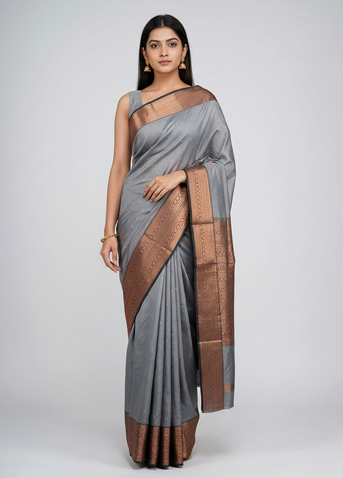 Grey Handloom Kanjivaram Pure Silk Saree With Blouse Piece