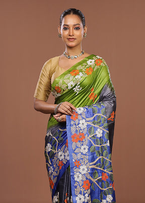 Grey Handloom Kantha Stitch Pure Silk Saree With Blouse Piece
