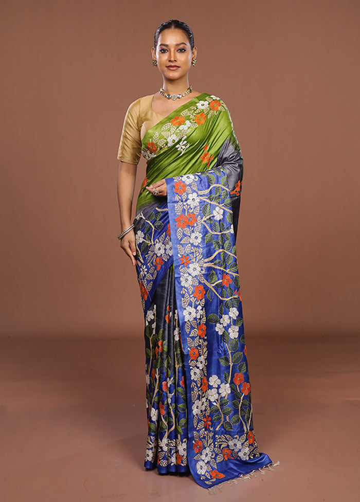 Grey Handloom Kantha Stitch Pure Silk Saree With Blouse Piece