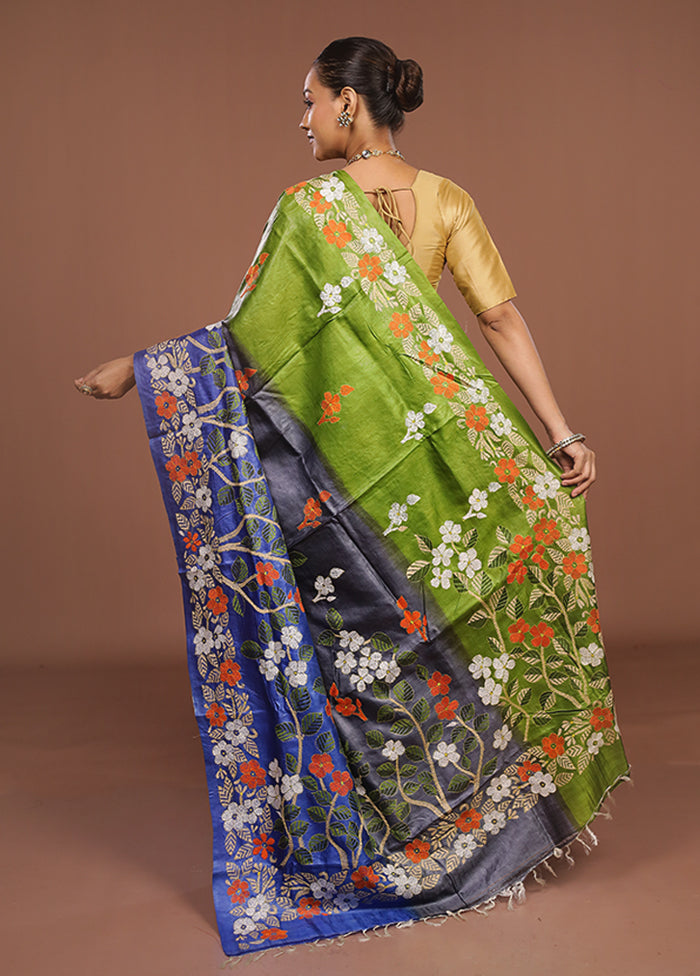 Grey Handloom Kantha Stitch Pure Silk Saree With Blouse Piece