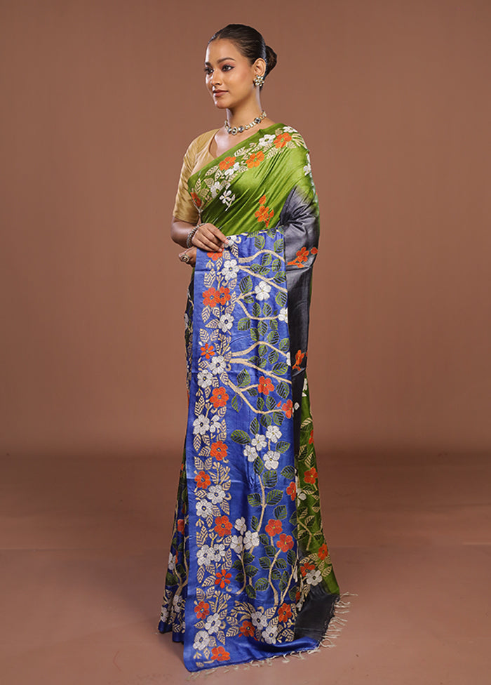 Grey Handloom Kantha Stitch Pure Silk Saree With Blouse Piece