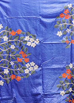 Grey Handloom Kantha Stitch Pure Silk Saree With Blouse Piece