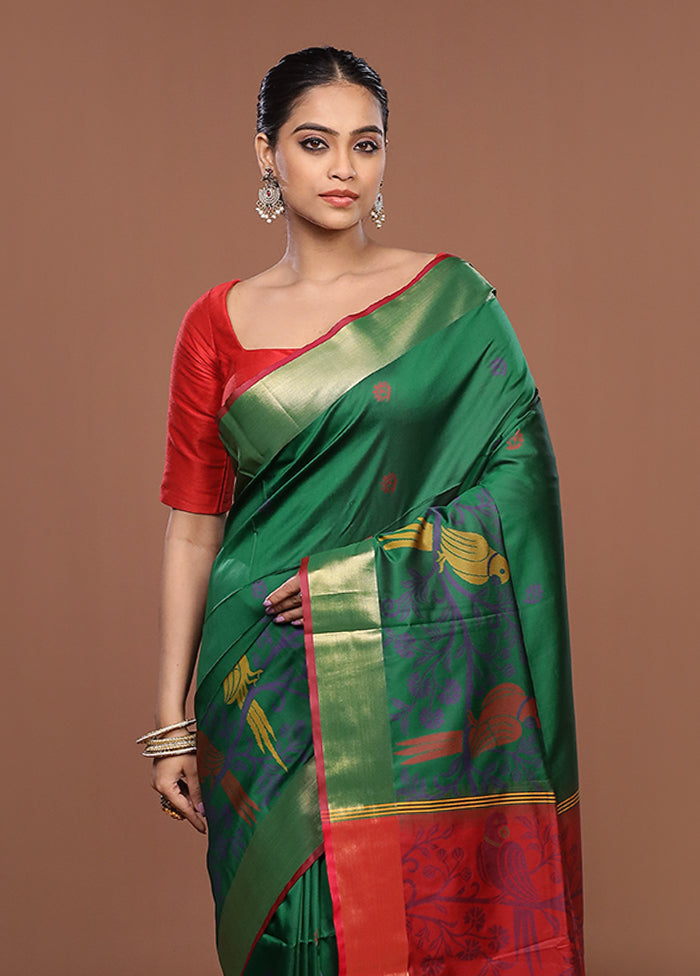 Green Dupion Silk Saree With Blouse Piece
